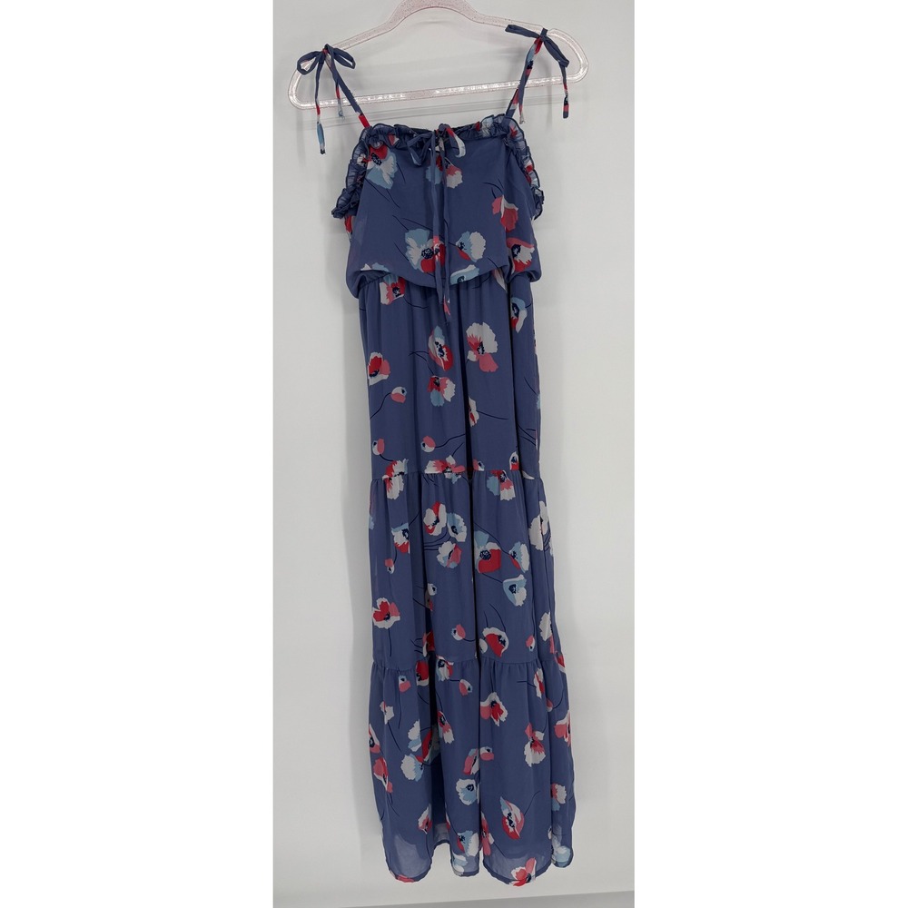 Jessica Simpson Blue Floral‎ Maxi Dress Small Poppy Print Ruffle Tie Strap Sz S
